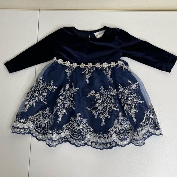 Rare Editions Navy Blue Velvet Lace Rhinestone Dress Bottom Set Girls 6-9 Months - Picture 12 of 13